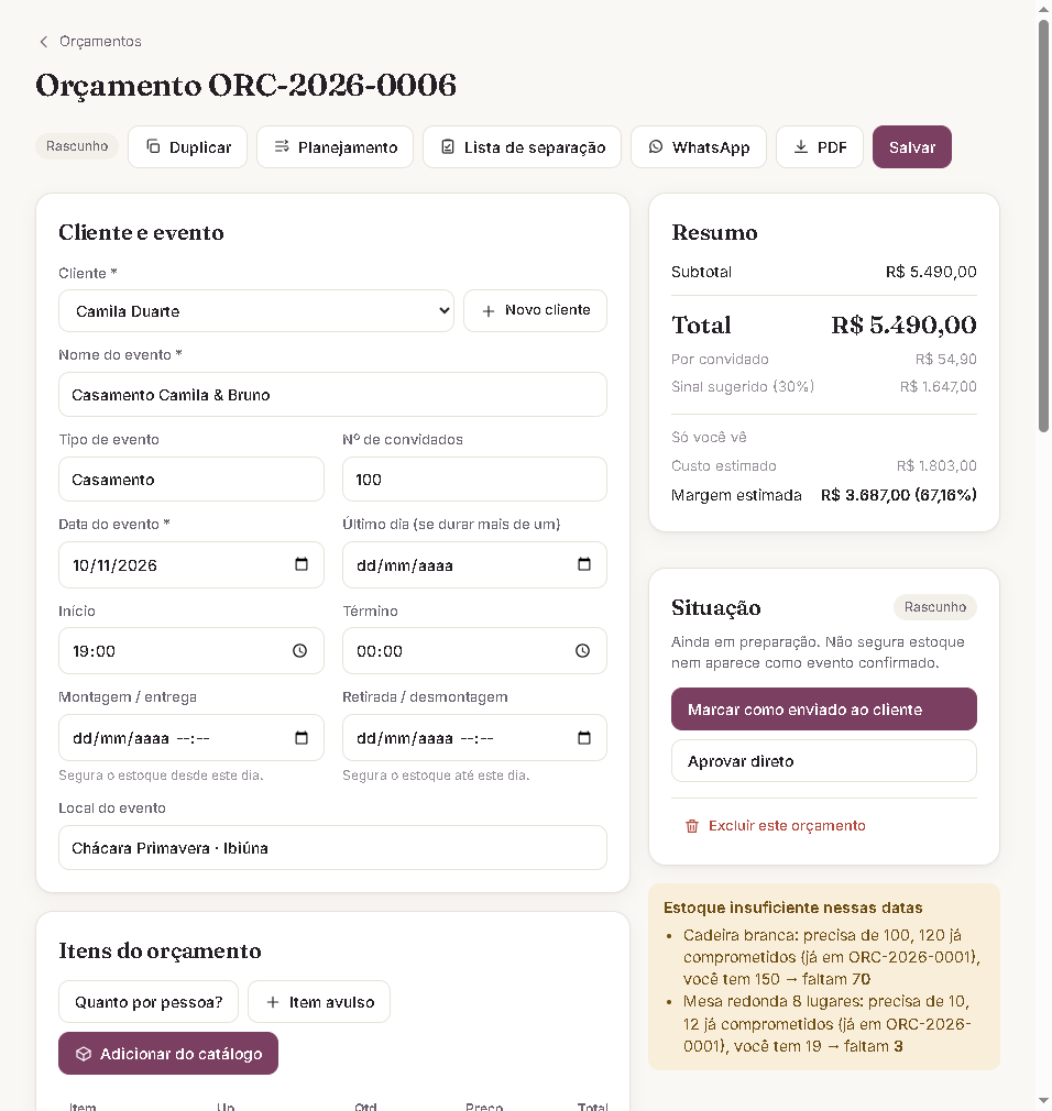 Orçamento com aviso de estoque insuficiente nas datas do evento